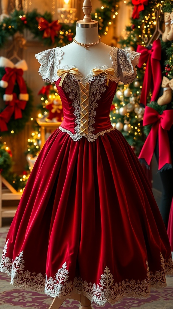 Victorian Christmas Dress Design A Victorian Christmas dress in red velvet with lace details and gold embellishments, displayed in a festive setting.